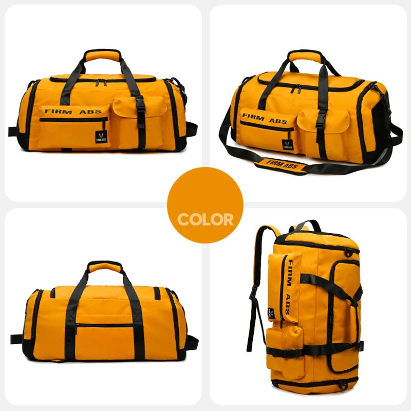 Yellow tactical backpack shown in multiple views with black straps and compartments