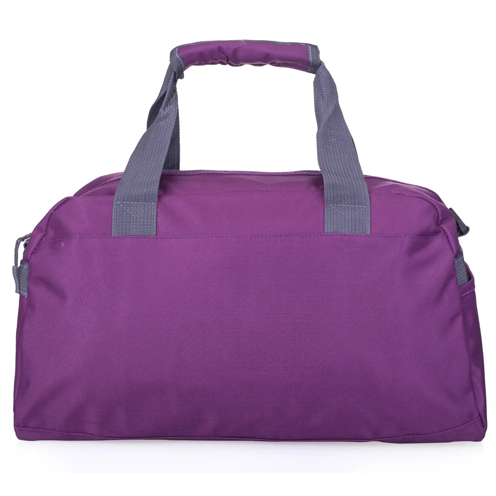 A purple water-resistant travel duffel bag with gray straps shown from the front.