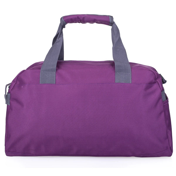 A purple water-resistant travel duffel bag with gray straps shown from the front.
