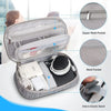 Gray portable digital organizer storage pouch showing various mesh pockets and a velcro elastic band detail