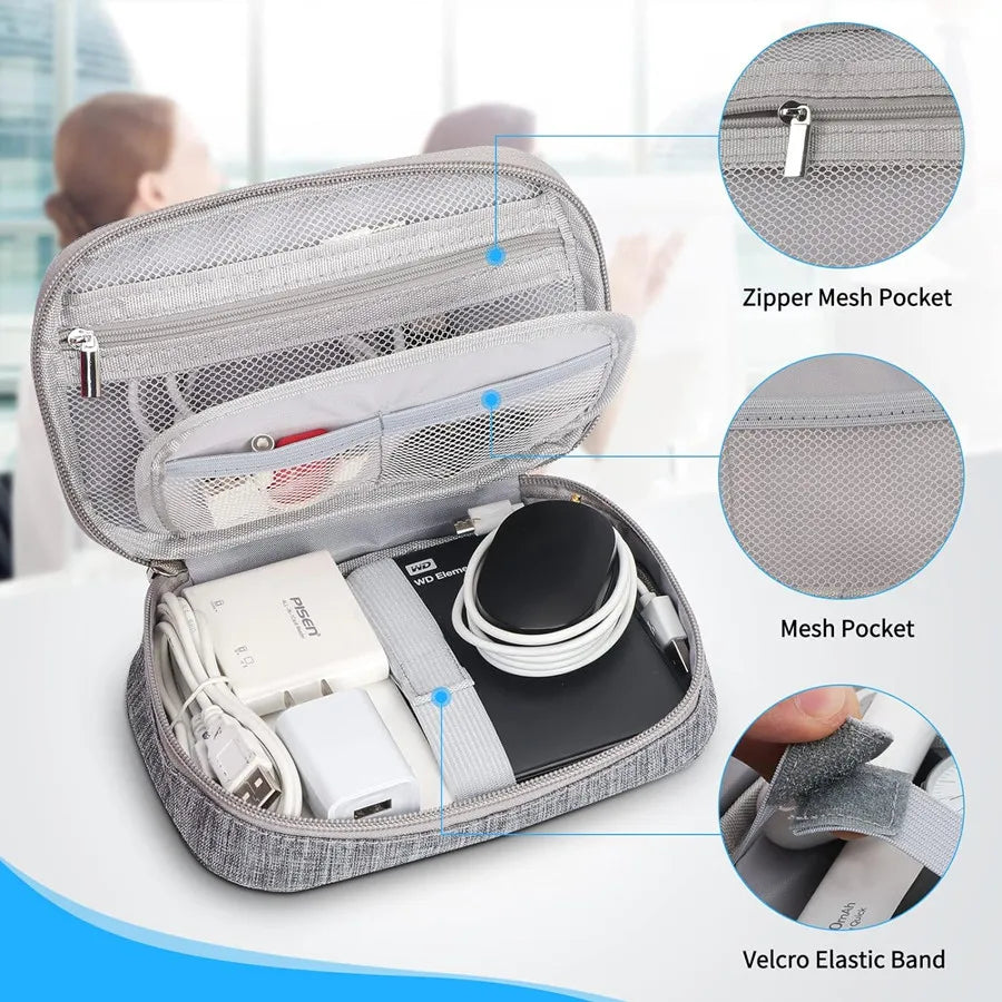 Gray portable digital organizer storage pouch showing various mesh pockets and a velcro elastic band detail