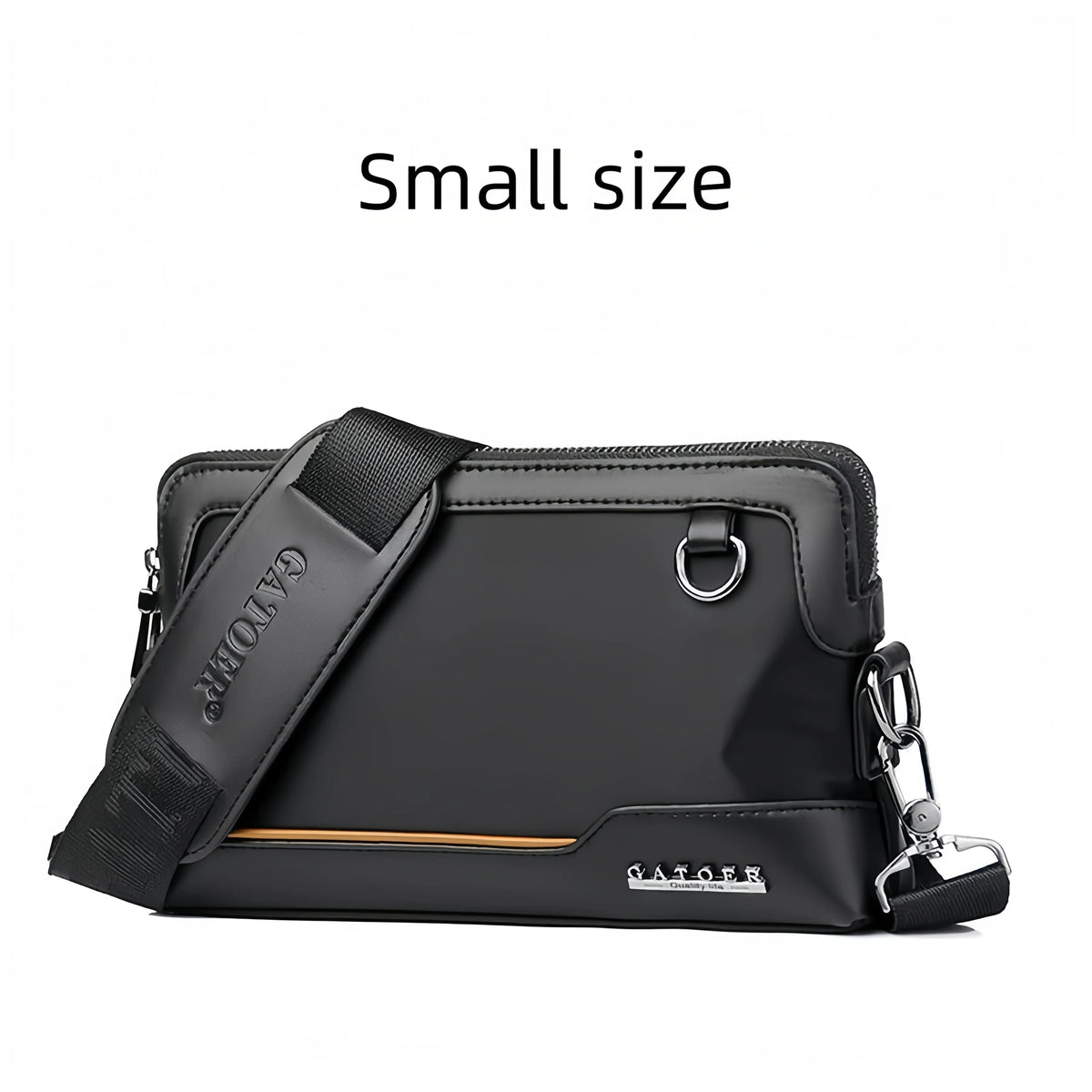 A small black leather crossbody bag with an adjustable strap shown in a flat lay view.
