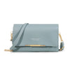 A light blue suede multi-card shoulder wallet with gold hardware and a matching strap.