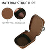 A brown protective case for earphones showing a super fiber lining and an elastic pocket detail.