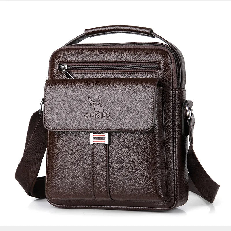 A dark brown vintage PU leather crossbody messenger bag with a flap and leather strap.