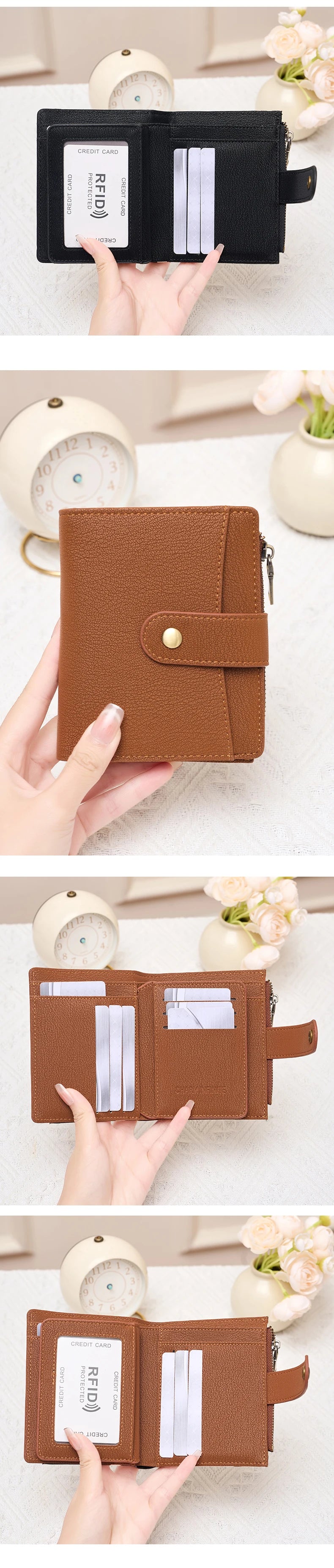A brown compact bifold wallet with a zipper, showing various credit cards and an RFID blocking feature.