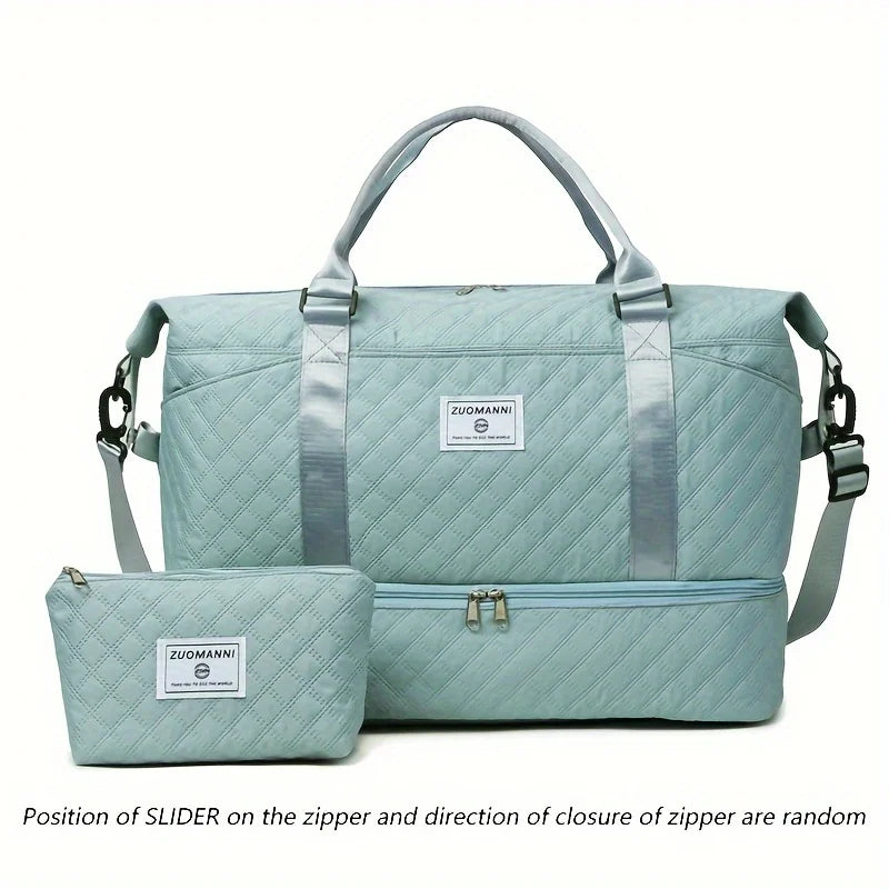 Light blue striped duffel bag with a separate pouch and straps