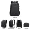 A black men's premium laptop backpack shown from the front, side, positive side, and back views.