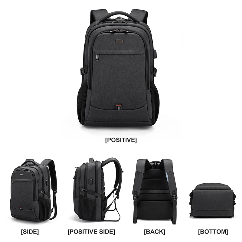 A black men's premium laptop backpack shown from the front, side, positive side, and back views.