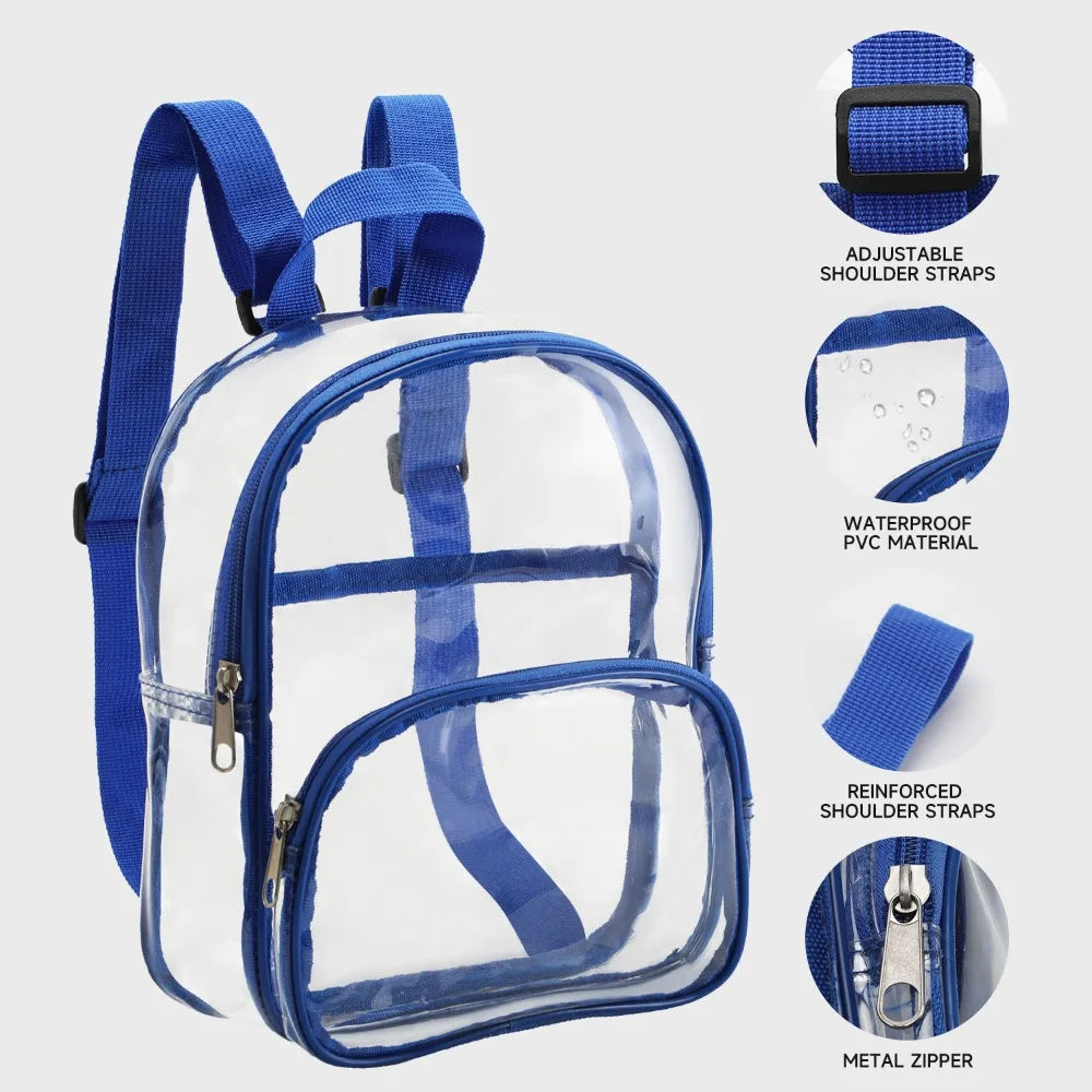 A clear blue PVC backpack storage pouch with adjustable shoulder straps and a metal zipper.
