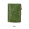 A dark olive green minimalist triple layer card holder wallet with a gold zipper detail.
