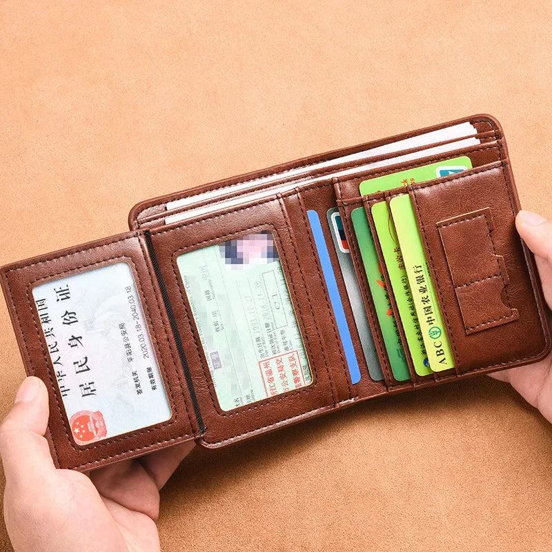 A brown leather wallet is shown open, displaying various cards and cash inside.