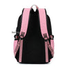 Pinkes und schwarzes Leinwand-Schulrucksack-Set mit verstellbaren Riemen, von hinten gezeigt.