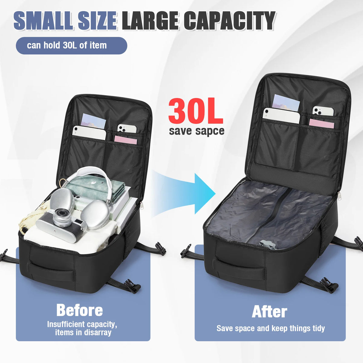 Before and after comparison showing a small capacity bag being used for items, demonstrating increased space saving.