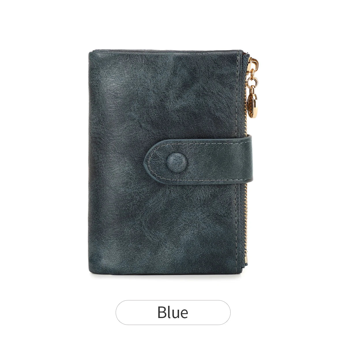 A dark gray leather minimalist card holder wallet with a gold zipper pull.