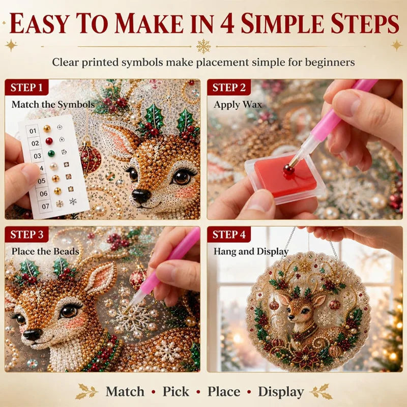 A four-step process for making a pearl diamond painting suncatcher kit featuring symbols, wax, beads, and display.