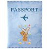 Light blue passport card holder with a stylized airplane, a teddy bear, and various small floral elements.