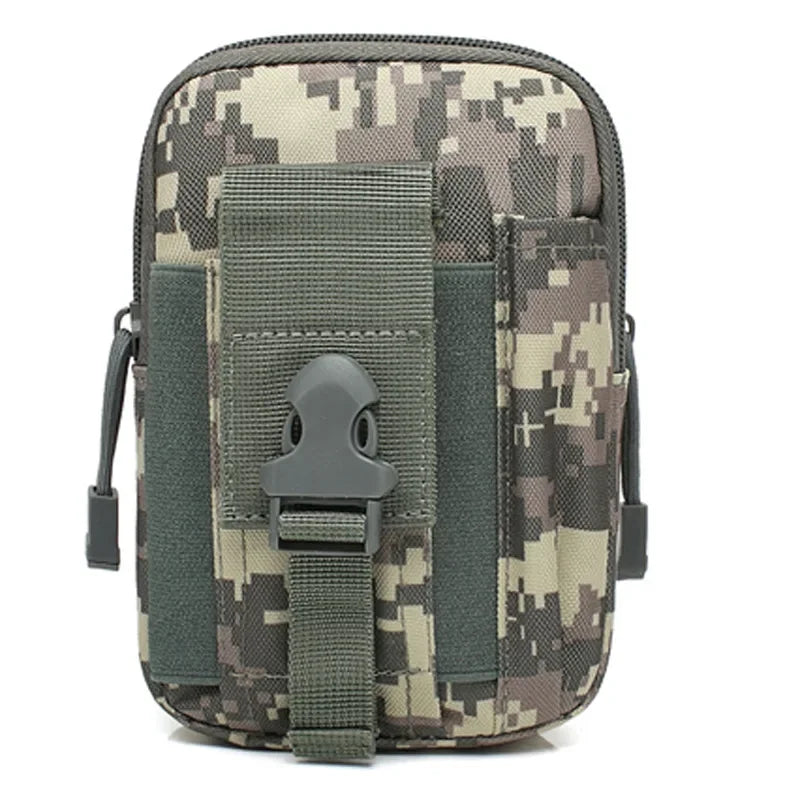 A camouflage tactical pouch with a dedicated phone pocket and MOLLE webbing.