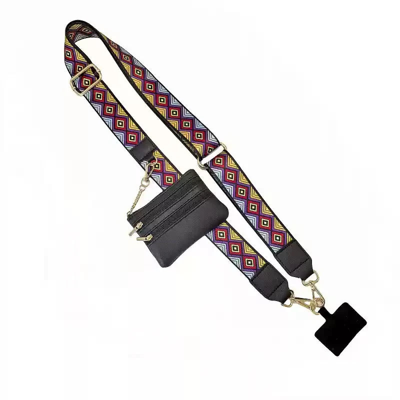 A black leather phone lanyard featuring a colorful patterned strap and a detachable wallet.