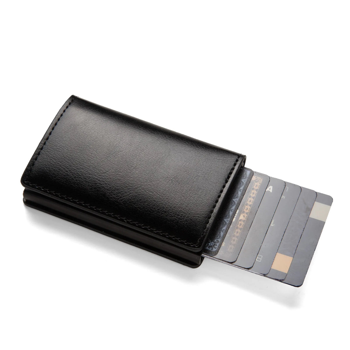 A black minimalist RFID blocking wallet with multiple cards visible.