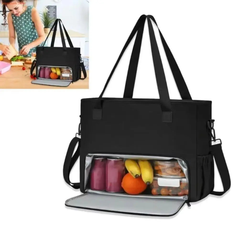Black insulated 2-in-1 lunch tote bag with a laptop compartment and storage for food items