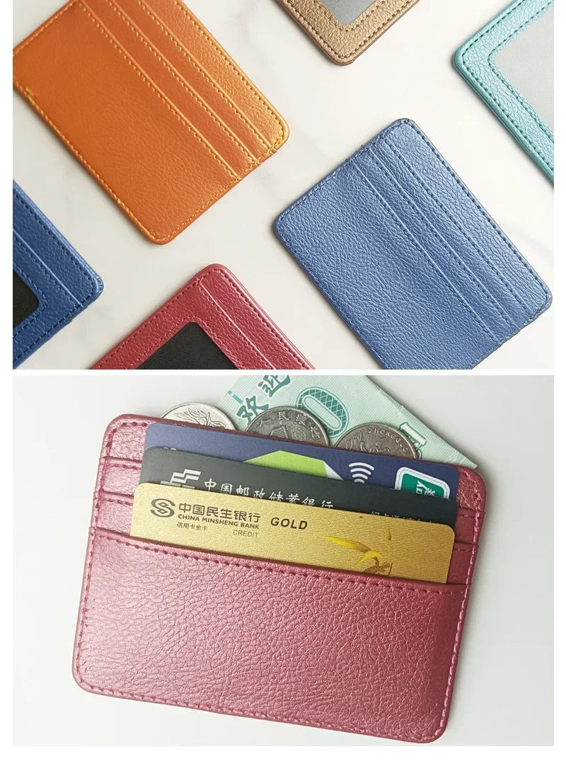 A collection of various colored slim PU leather mini wallets and card holders displayed on a white surface.