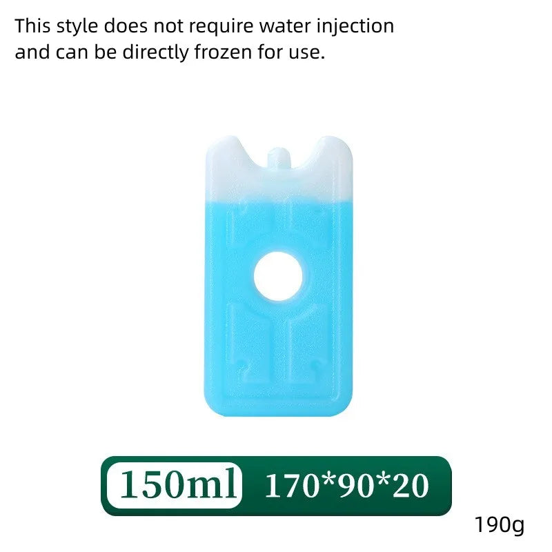 A clear blue reusable ice pack with a circular hole, described as a style that does not require water injection and can be di