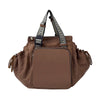 A brown nylon shoulder bag with a patterned strap and a flap closure.