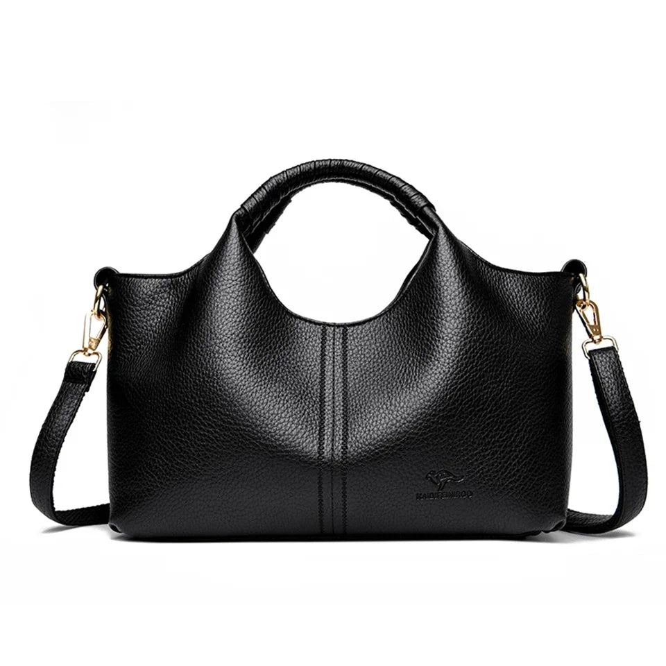 Black luxury soft leather women's tote bag with gold hardware