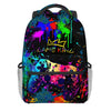A black backpack featuring a vibrant, colorful paint splatter design and a large graphic of a game controller.