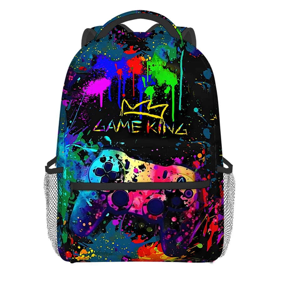 A black backpack featuring a vibrant, colorful paint splatter design and a large graphic of a game controller.