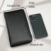 A black multi-card commuter wallet next to an iPhone, showing the dimensions of both items.