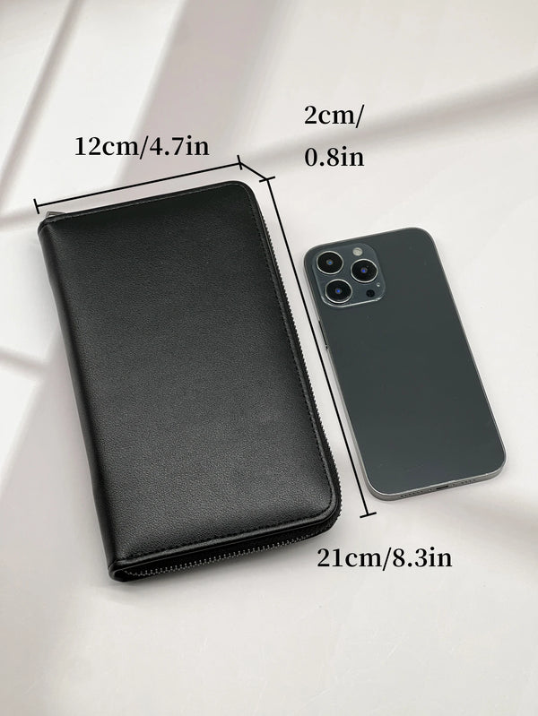 A black multi-card commuter wallet next to an iPhone, showing the dimensions of both items.