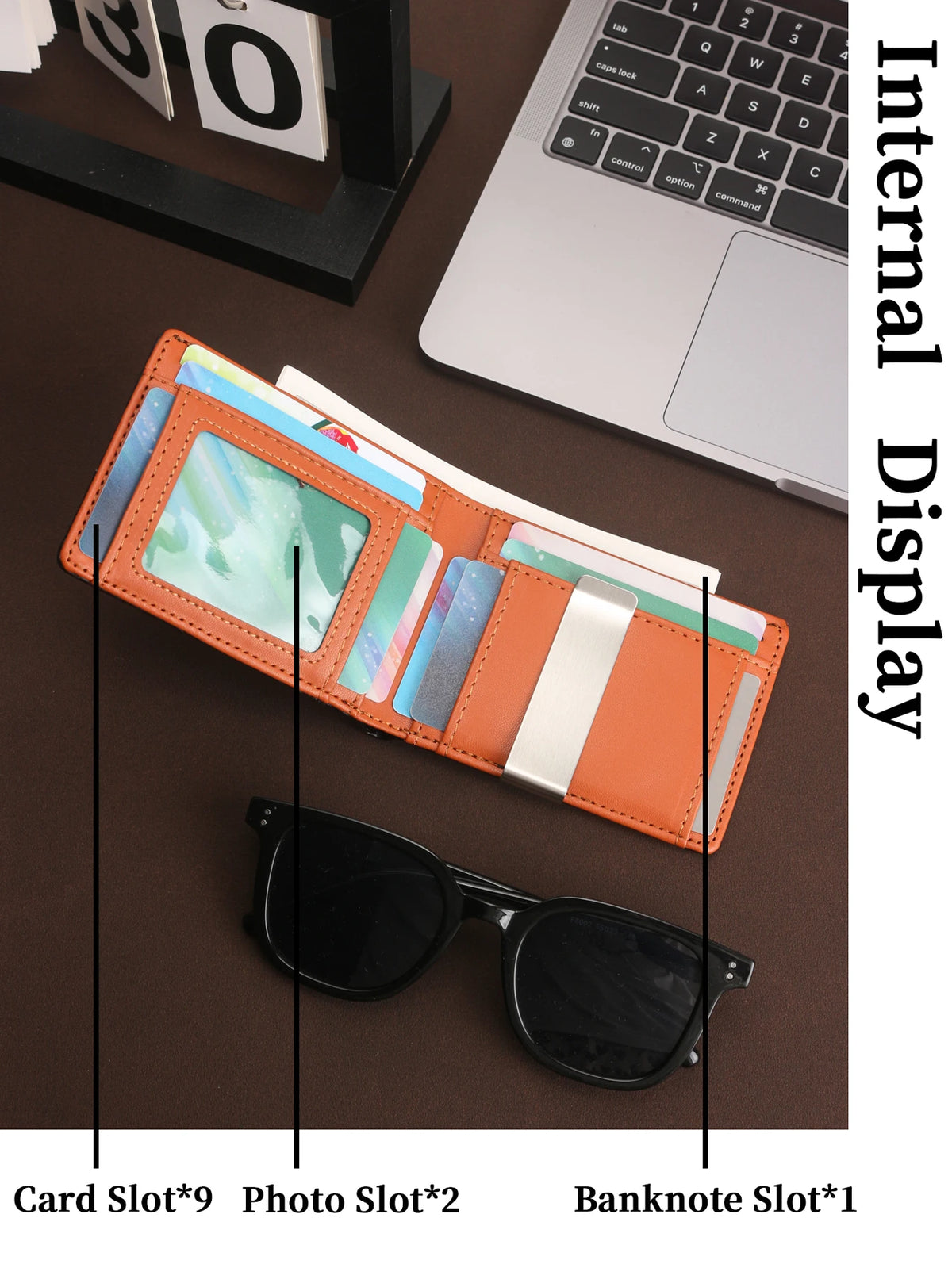 An orange men's carbon fiber microfiber wallet displaying card slots, photo slots, and a banknote slot.