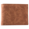 A brown leather wallet with a stitched edge and a debossed letter B on the corner.