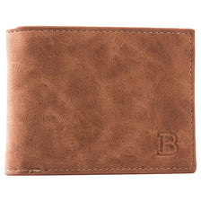 A brown leather wallet with a stitched edge and a debossed letter B on the corner.