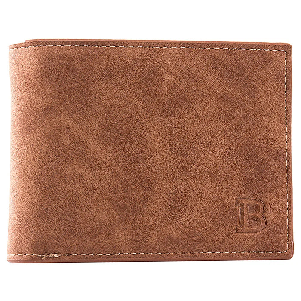 A brown leather wallet with a stitched edge and a debossed letter B on the corner.