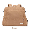 A brown soft corduroy diaper backpack for mothers shown from the back.