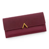 A deep burgundy tri-fold PU card holder wallet with a gold accent.