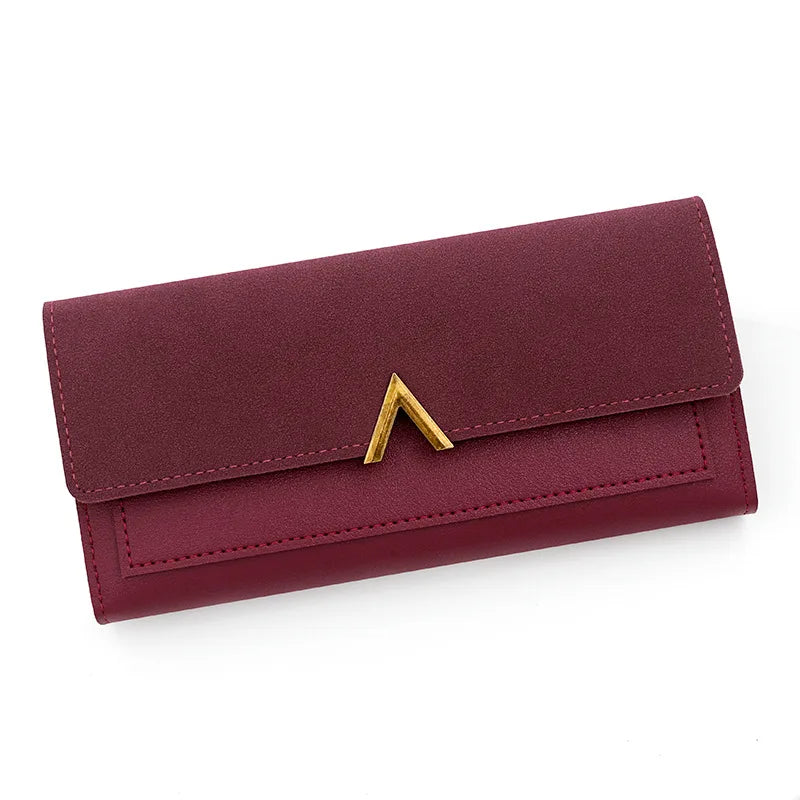 A deep burgundy tri-fold PU card holder wallet with a gold accent.