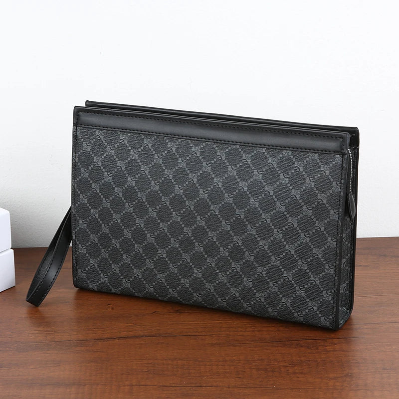 A black leather wallet or clutch with a textured pattern resting on a wooden surface.