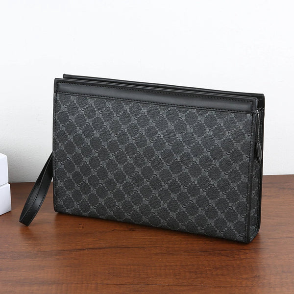 A black leather wallet or clutch with a textured pattern resting on a wooden surface.