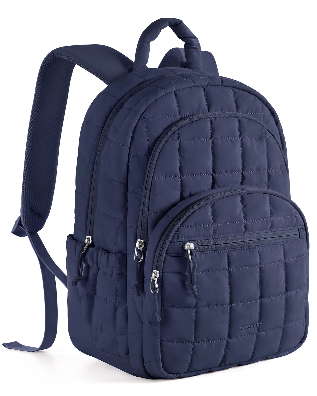 A navy blue quilted laptop backpack with a padded shoulder strap.