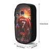A black zippered pencil case featuring a graphic of Cristiano Ronaldo in a red jersey.