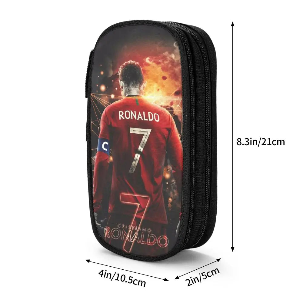 A black zippered pencil case featuring a graphic of Cristiano Ronaldo in a red jersey.