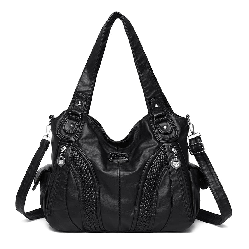 Schwarze Vintage Soft PU Lederhandtasche mit Klappverschluss und Kettenriemen