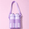 A purple crossbody sling water bottle bag with two transparent bottles inside
