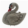 Pochette à clochette en argent avec cygne, design détaillé et accents rouges.