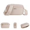 A beige leather zipper shoulder bag with a patterned strap and gold hardware.