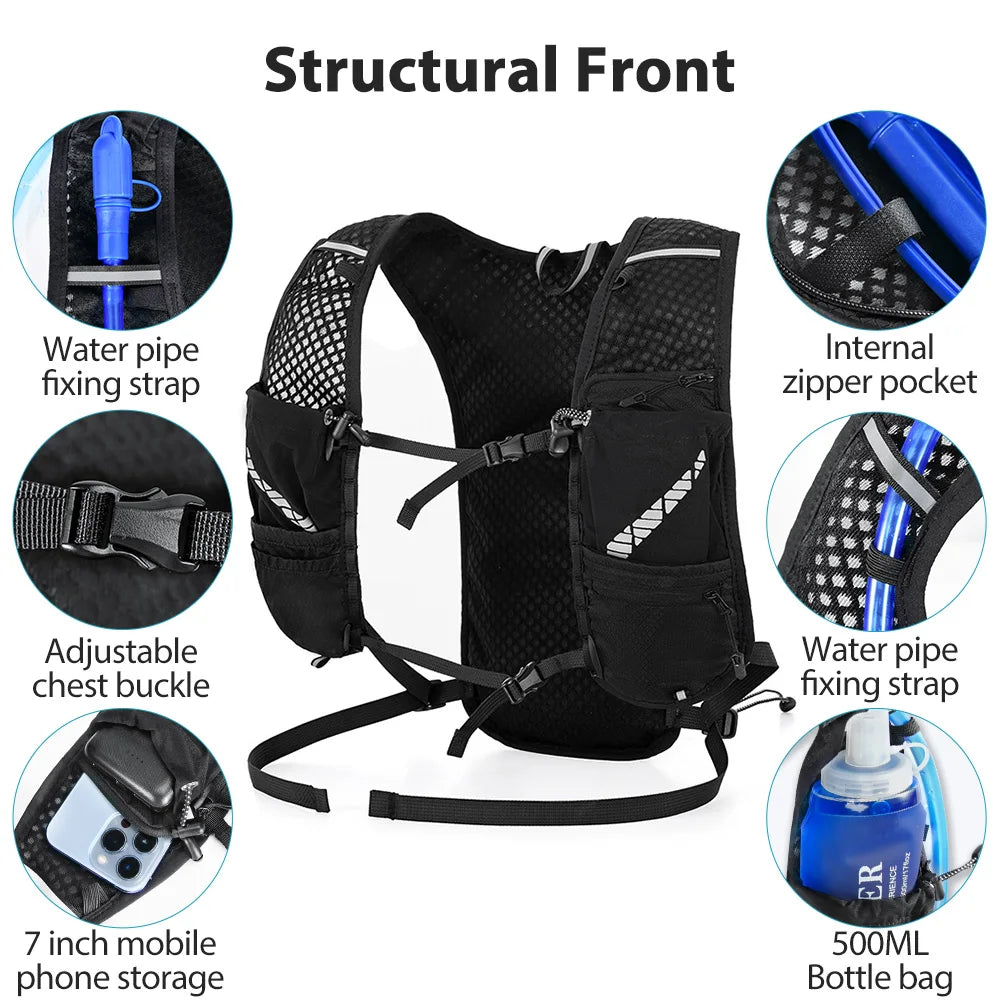 Black structural front hydration vest with water pipe fixing straps and a internal zipper pocket